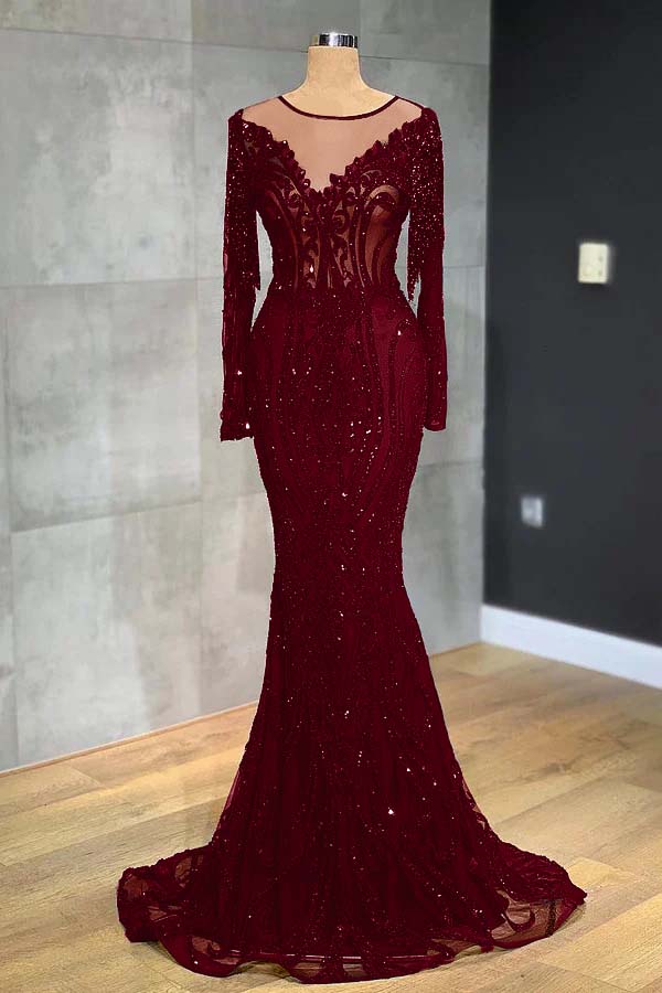 Navy Mermaid Prom Dress Long Sleeve Crew Neck Formal Dress With Lace Appliques