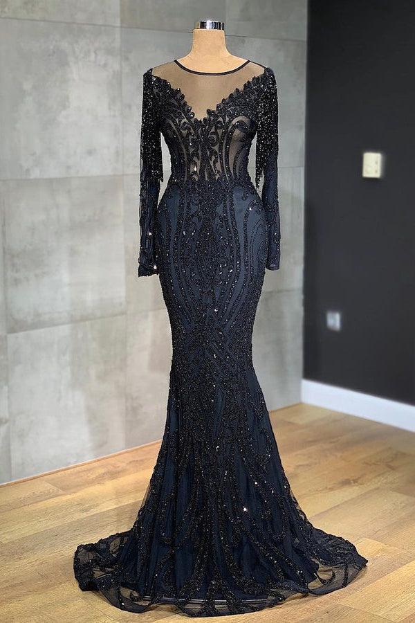 Navy Mermaid Prom Dress Long Sleeve Crew Neck Formal Dress With Lace Appliques