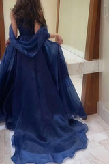Navy Organza Prom Dress Off the Shoulder A Line Formal Dress