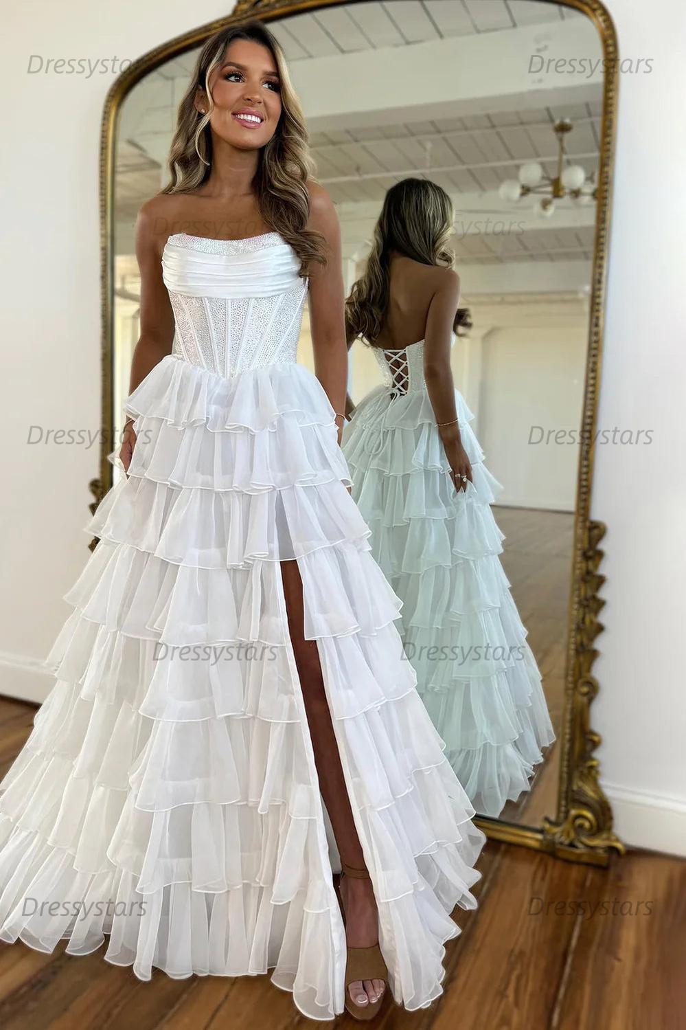 Navy Prom Dress A Line Strapless Corset Long Chiffon Formal Dress