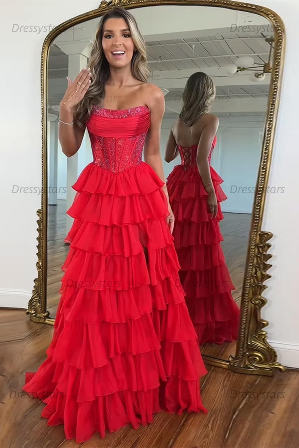 Navy Prom Dress A Line Strapless Corset Long Chiffon Formal Dress