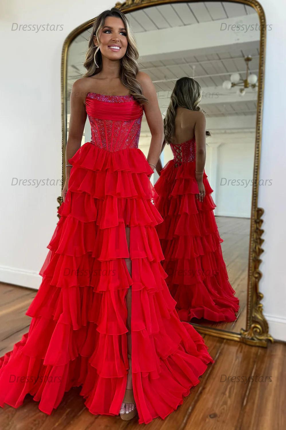 Navy Prom Dress A Line Strapless Corset Long Chiffon Formal Dress