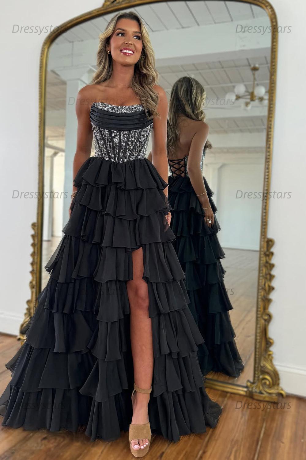 Navy Prom Dress A Line Strapless Corset Long Chiffon Formal Dress