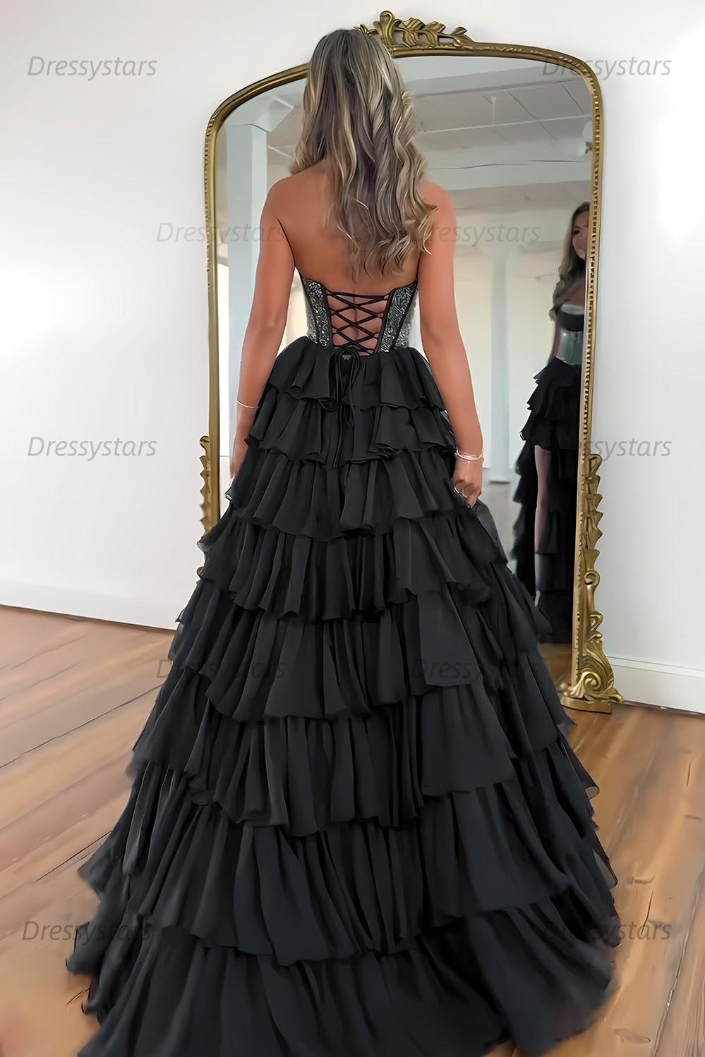 Navy Prom Dress A Line Strapless Corset Long Chiffon Formal Dress