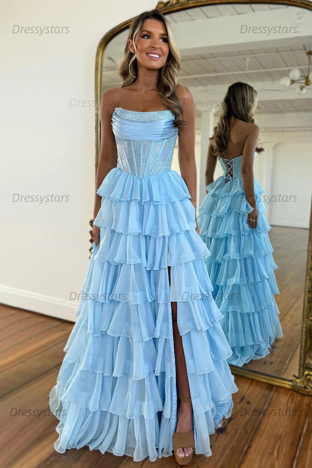 Navy Prom Dress A Line Strapless Corset Long Chiffon Formal Dress