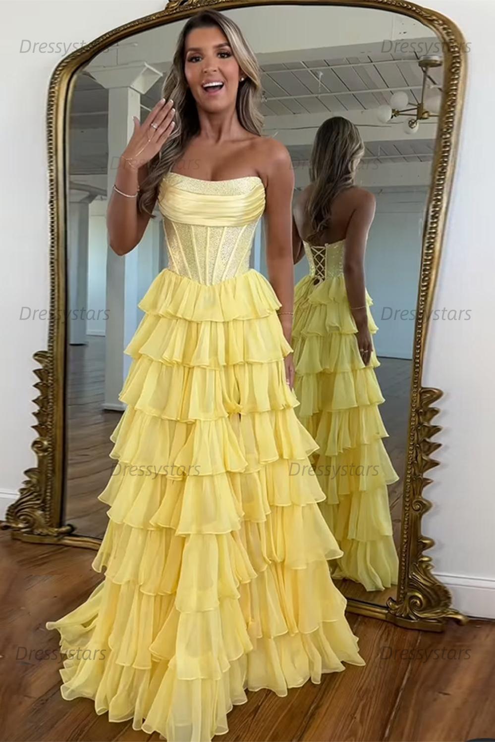Navy Prom Dress A Line Strapless Corset Long Chiffon Formal Dress