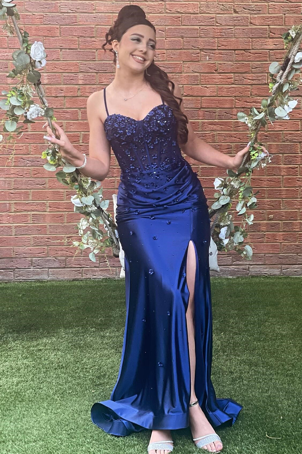Navy Prom Dress Floral Corset Long Evening Dress with Slit