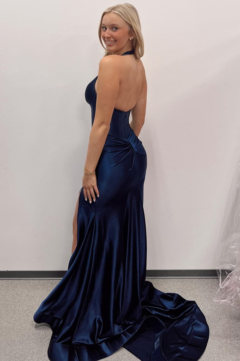 Navy Prom Dress Halter Mermaid Long Formal Evening Dress with Split