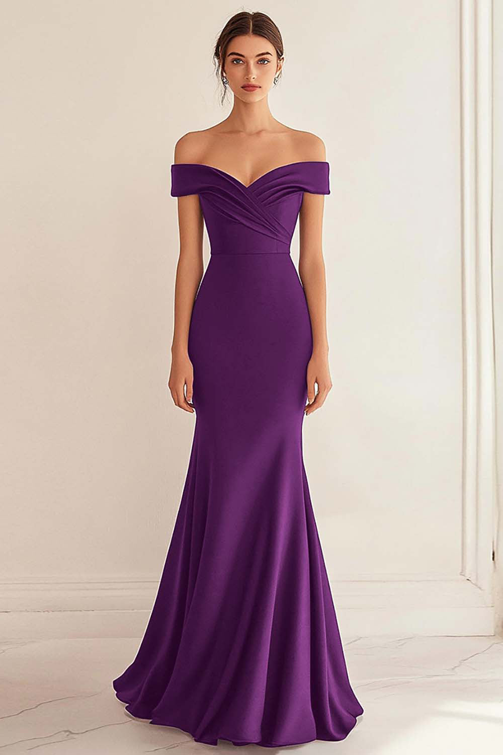 Navy Prom Dress Satin Long Off The Shoulder Mermaid Ruched Formal Dress