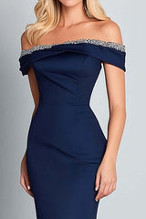 Navy Prom Dress Satin Off The Shoulder Long Mermaid Formal Dress With Beading