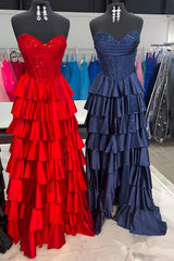 Navy Satin Corset Prom Dress Sweetheart A Line Long Formal Dress With Ruffles
