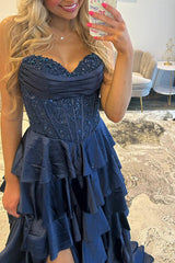 Navy Satin Corset Prom Dress Sweetheart A Line Long Formal Dress With Ruffles