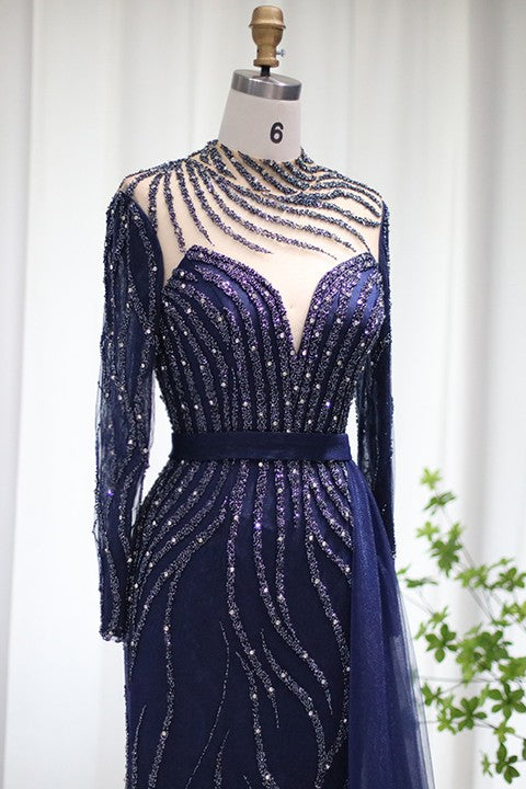 Navy Sheath/Column Prom Dress Long Sleeve High Neck Formal Dress With Beadings and Rhinestones