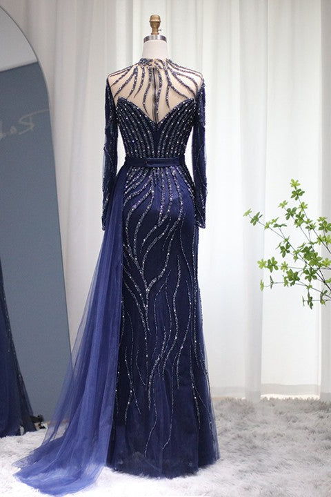 Navy Sheath/Column Prom Dress Long Sleeve High Neck Formal Dress With Beadings and Rhinestones