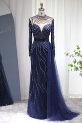 Navy Sheath/Column Prom Dress Long Sleeve High Neck Formal Dress With Beadings and Rhinestones