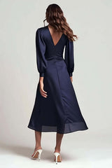 Dressystars Navy V-Neck Satin Backless Ruched Midi Prom Dress With Sleeves