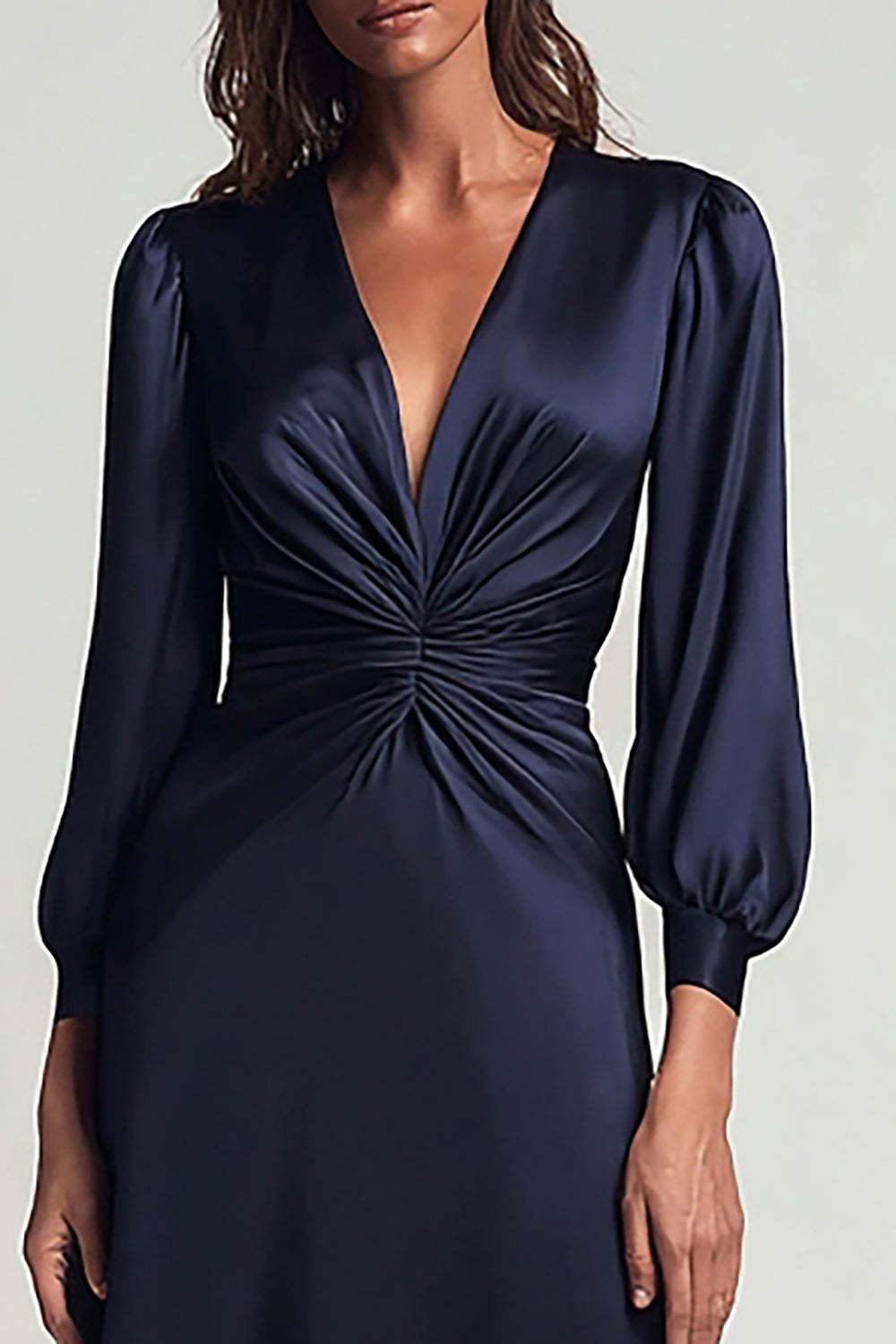 Dressystars Navy V-Neck Satin Backless Ruched Midi Prom Dress With Sleeves
