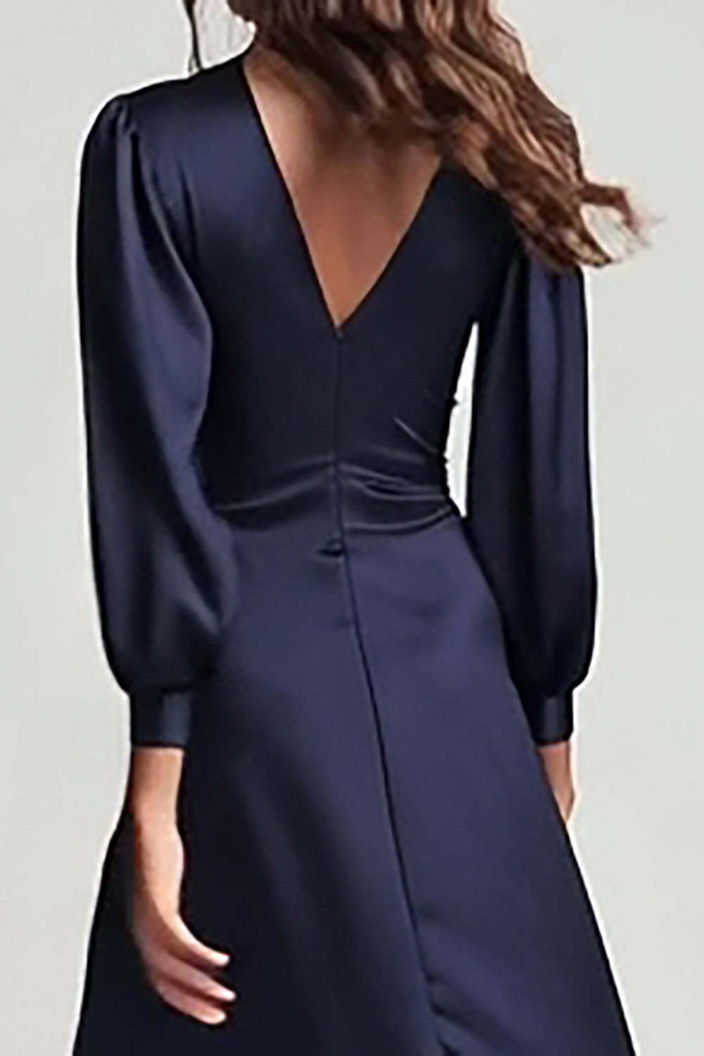 Dressystars Navy V-Neck Satin Backless Ruched Midi Prom Dress With Sleeves