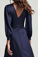 Dressystars Navy V-Neck Satin Backless Ruched Midi Prom Dress With Sleeves