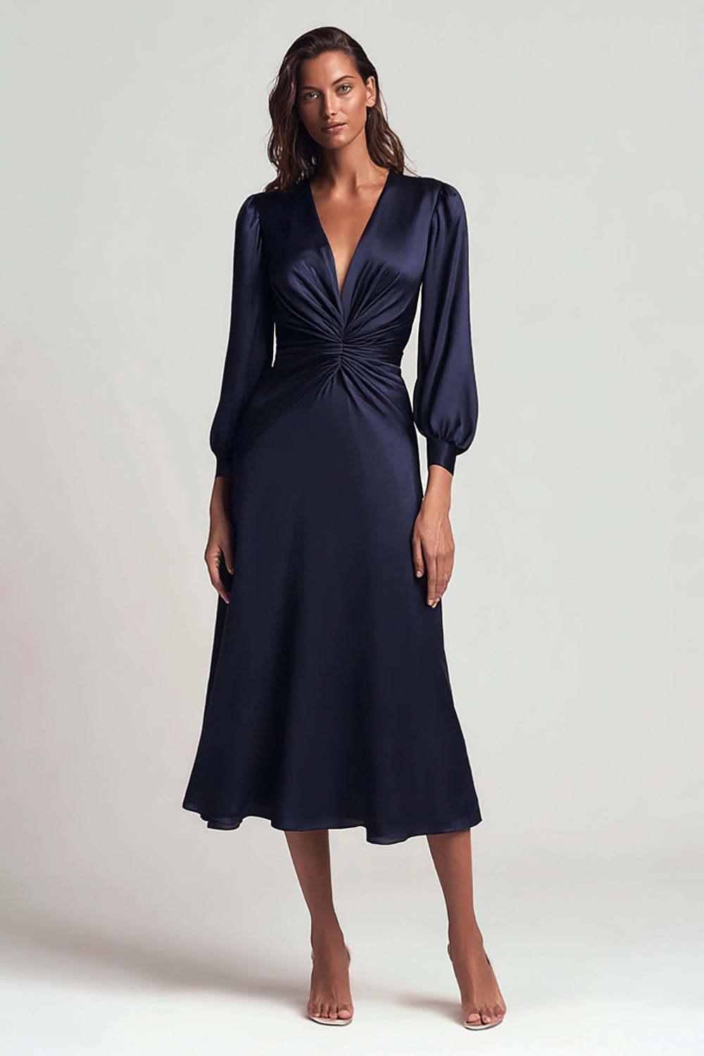 Dressystars Navy V-Neck Satin Backless Ruched Midi Prom Dress With Sleeves