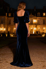 Dressystars Navy Velvet Square Neck Mermaid Long Holiday Party Dress With Sleeves
