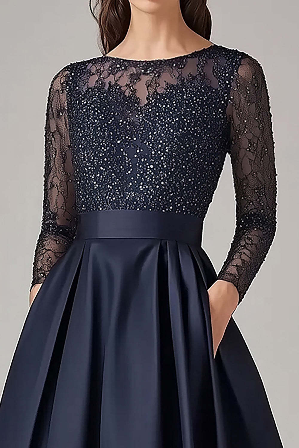 Navy Wedding Guest Dress Beaded A Line Long Sleeves Formal Dress With Lace
