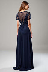 Navy Wedding Guest Dress Chiffon Deep V-Neck Long Formal Dress