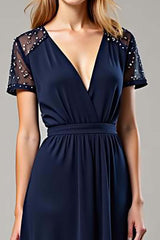 Navy Wedding Guest Dress Chiffon Deep V-Neck Long Formal Dress
