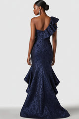 Dressystars Navy Wedding Guest Dress One Shoulder Mermaid Long Formal Dress With Ruffles