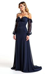 Dressystars Navy Wedding Guest Dress Sweetheart Long Sheer Sleeves Formal Dress With Ruffles