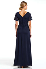 Navy Wedding Guest Dress V-Neck Long Chiffon Formal Dress