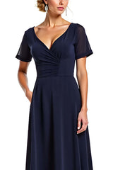 Navy Wedding Guest Dress V-Neck Long Chiffon Formal Dress