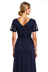 Navy Wedding Guest Dress V-Neck Long Chiffon Formal Dress