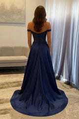 Navy Satin Prom Dress Off The Shoulder A Line Long Lace Formal Dress