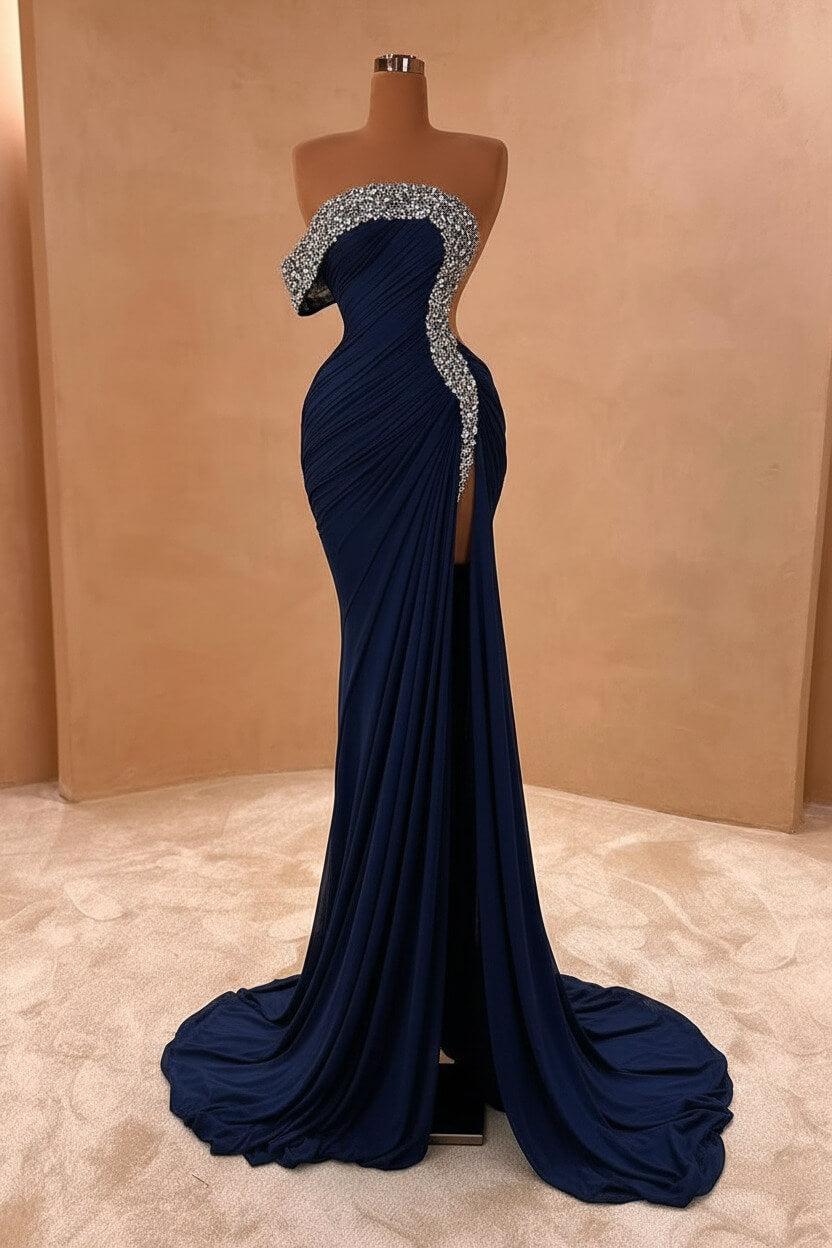 Blue Mermaid Prom Dress Cap Sleeve One Shoulder Formal Dress With Beadings and Rhinestones