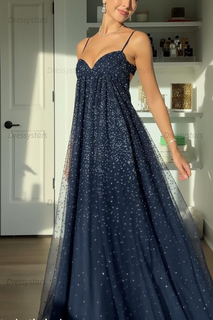 Dressystars Bling A Line Spaghetti Straps Grey Blue Long Party Dress With Beading Formal Evening Gown