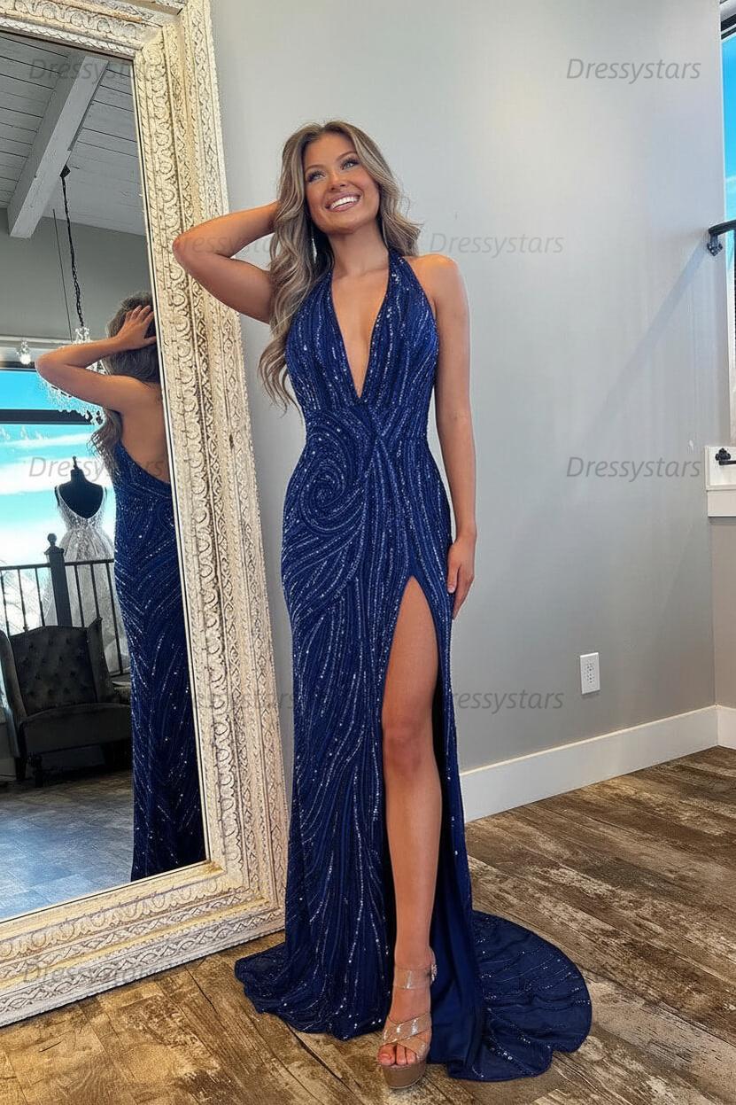 Halter Prom Dress Pink and Orange Mermaid Evening Dress with Slit