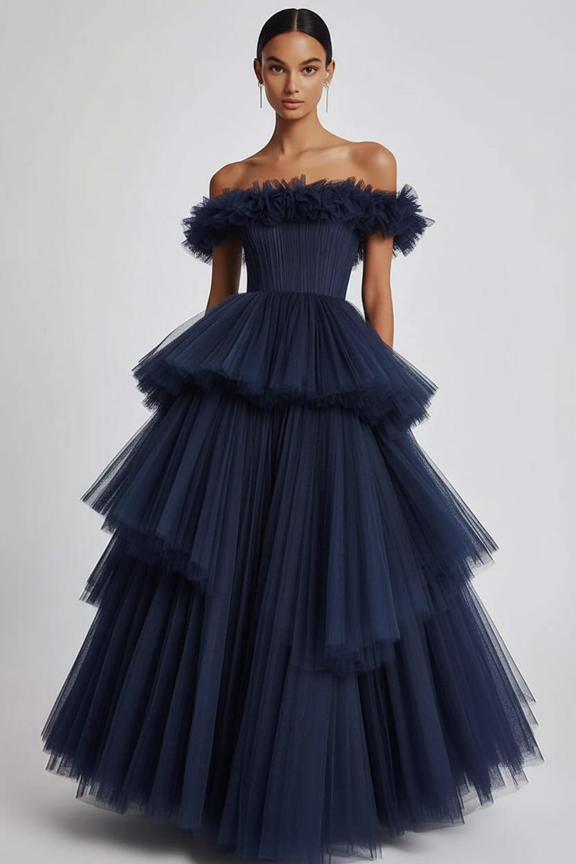 Dusty Sage Formal Dress Tulle Off The Shoulder Ball Gown Wedding Guest Dress With Ruffles