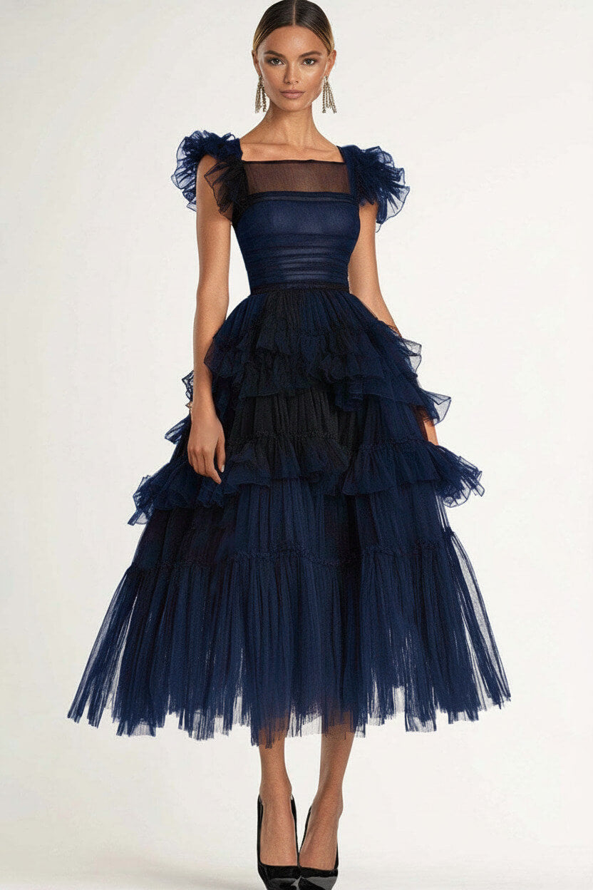 Dressystars Tea Length Black Wedding Guest Dress A-Line Flatter Sleeves Tulle Formal Dress With Ruffles