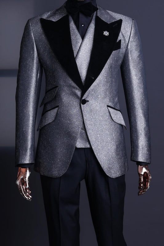 Newest Gray Peaked Lapel 3 Piece Prom Suit