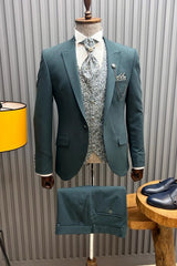 Ocean Blue Peaked Lapel 3 Piece Prom Suit with Jacquard Vest