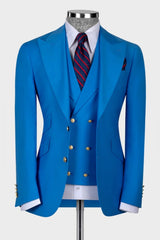Ocean Blue Peaked Lapel 3 Piece Wedding Men Suit