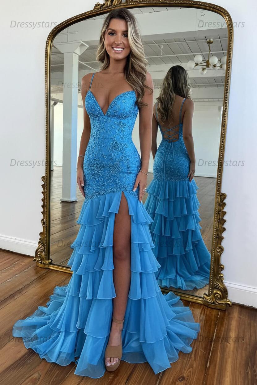 Dressystars Yellow Mermaid Spaghetti Straps Lace Up Long Prom Dress With Ruffle Skirt Formal Evening Gown
