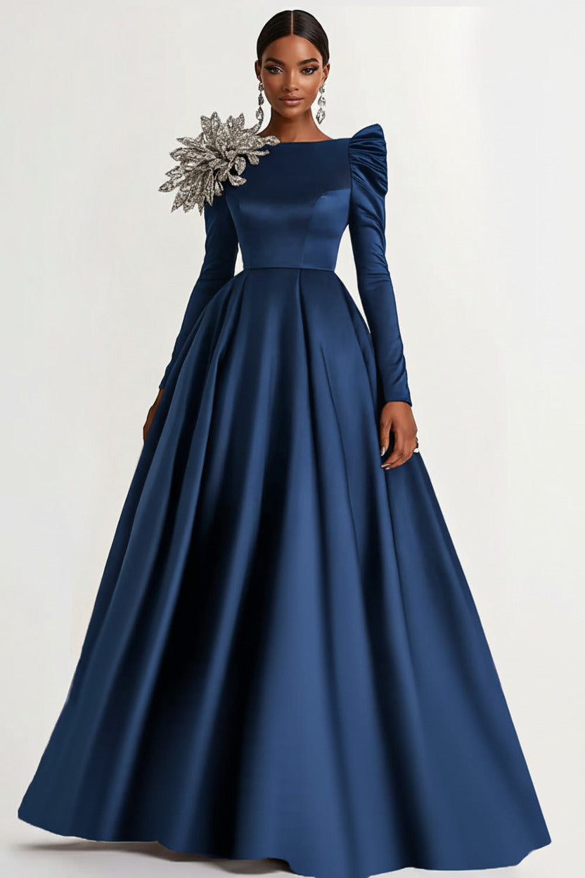 Dressystars A-Line Long Black Wedding Guest Dress Satin Boat Neck Formal Dress With Long Sleeves