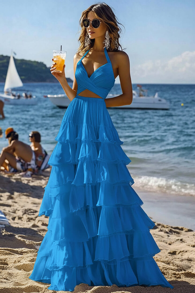 Dressystars Halter Tiered White 2 Piece Ruffled Formal Dress