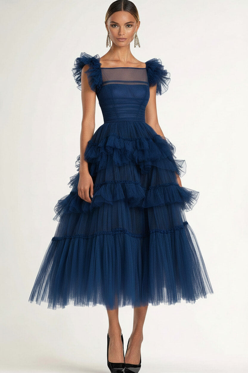 Dressystars Tea Length Black Wedding Guest Dress A-Line Flatter Sleeves Tulle Formal Dress With Ruffles