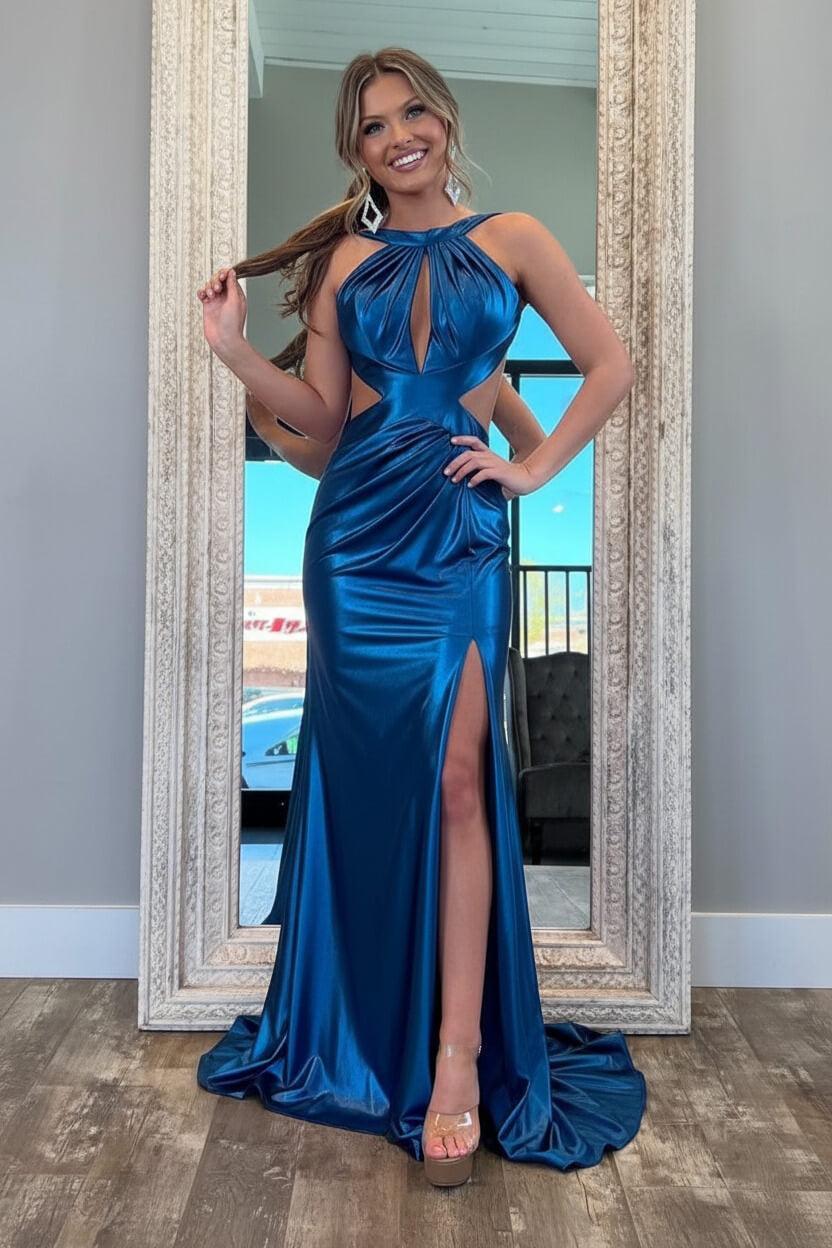 Fuchsia Metallic Mermaid Prom Dress With Slit And Open Back Formal Evening Gown