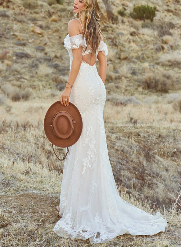Off Shoulder Lace Trumpet/Mermaid Wedding Dress Open Back Sweep Train