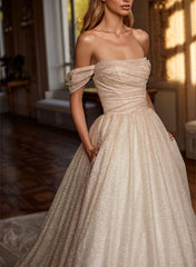 Off Shoulder Sequined Court Train Wedding Dress