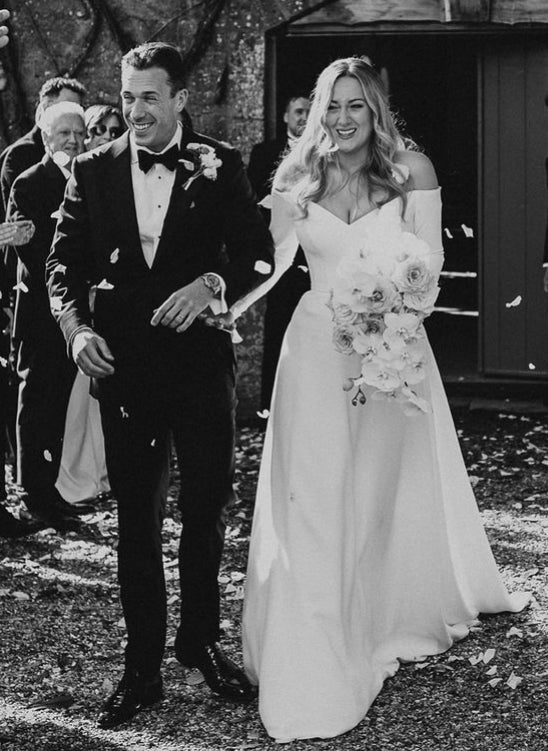 Off The Shoulder A Line Elastic Satin Wedding Dress with Long Sleeves